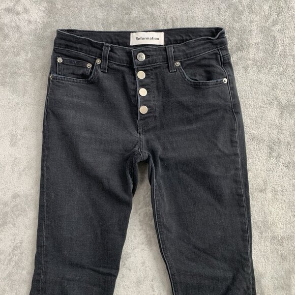Reformation Jeans Women 26x27” Argentine Black Skinny Raw Hem Stretch Button Fly - Picture 8 of 16